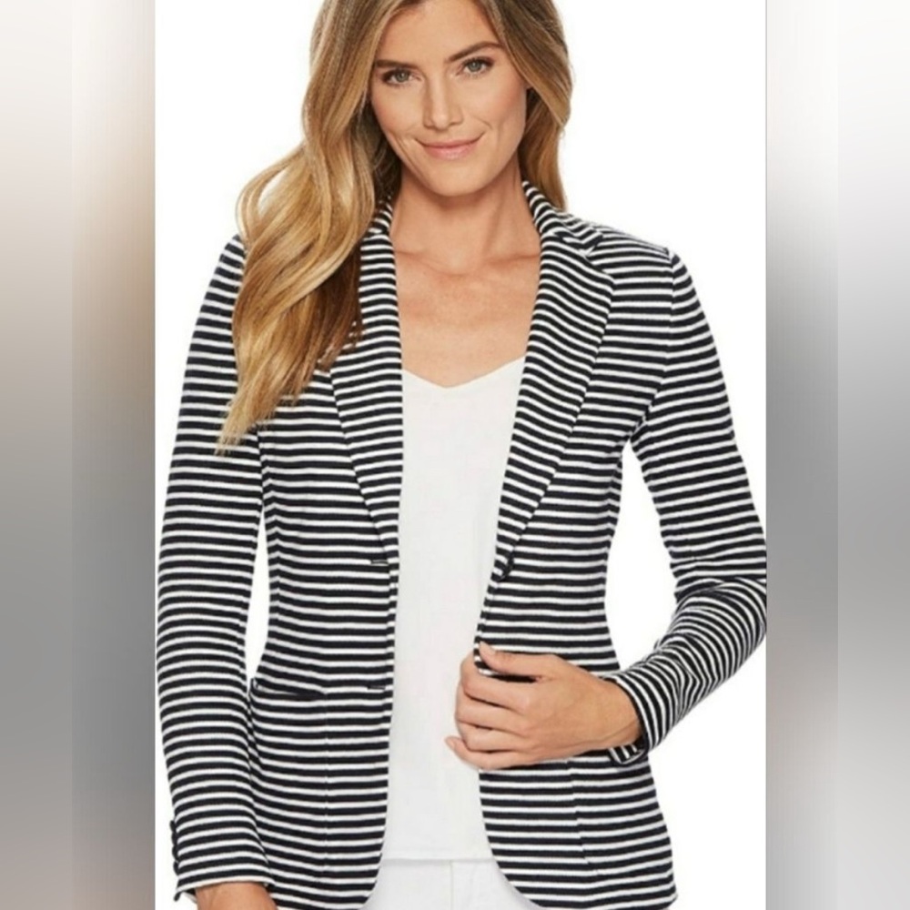Lauren Ralph Lauren Blue & White Striped Cotton Blend Blazer Medium
